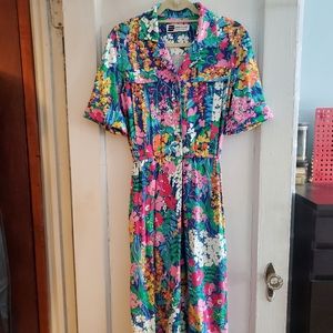 Vintage 80s Floral Print Midi Shirt Dress